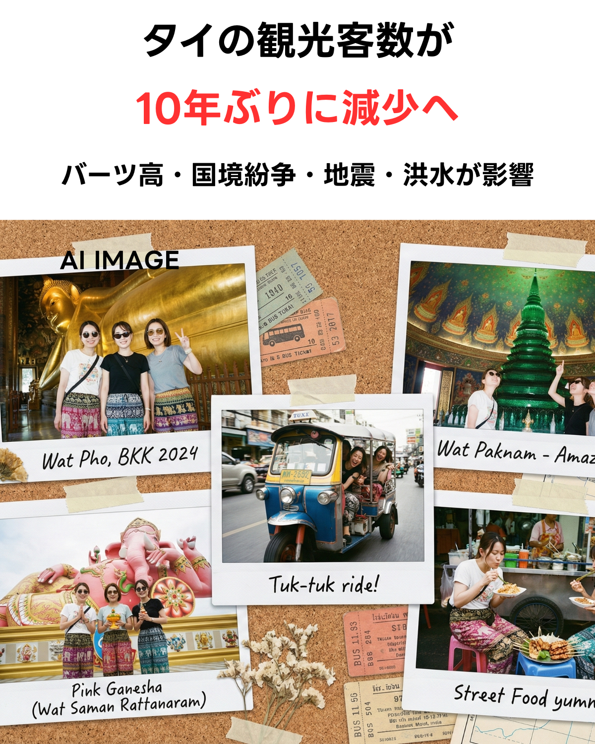 タイの観光名所の写真コラージュを背景に、「タイの観光客数10年ぶり減少」と大きく書かれたアイキャッチ画像。AI IMAGE
