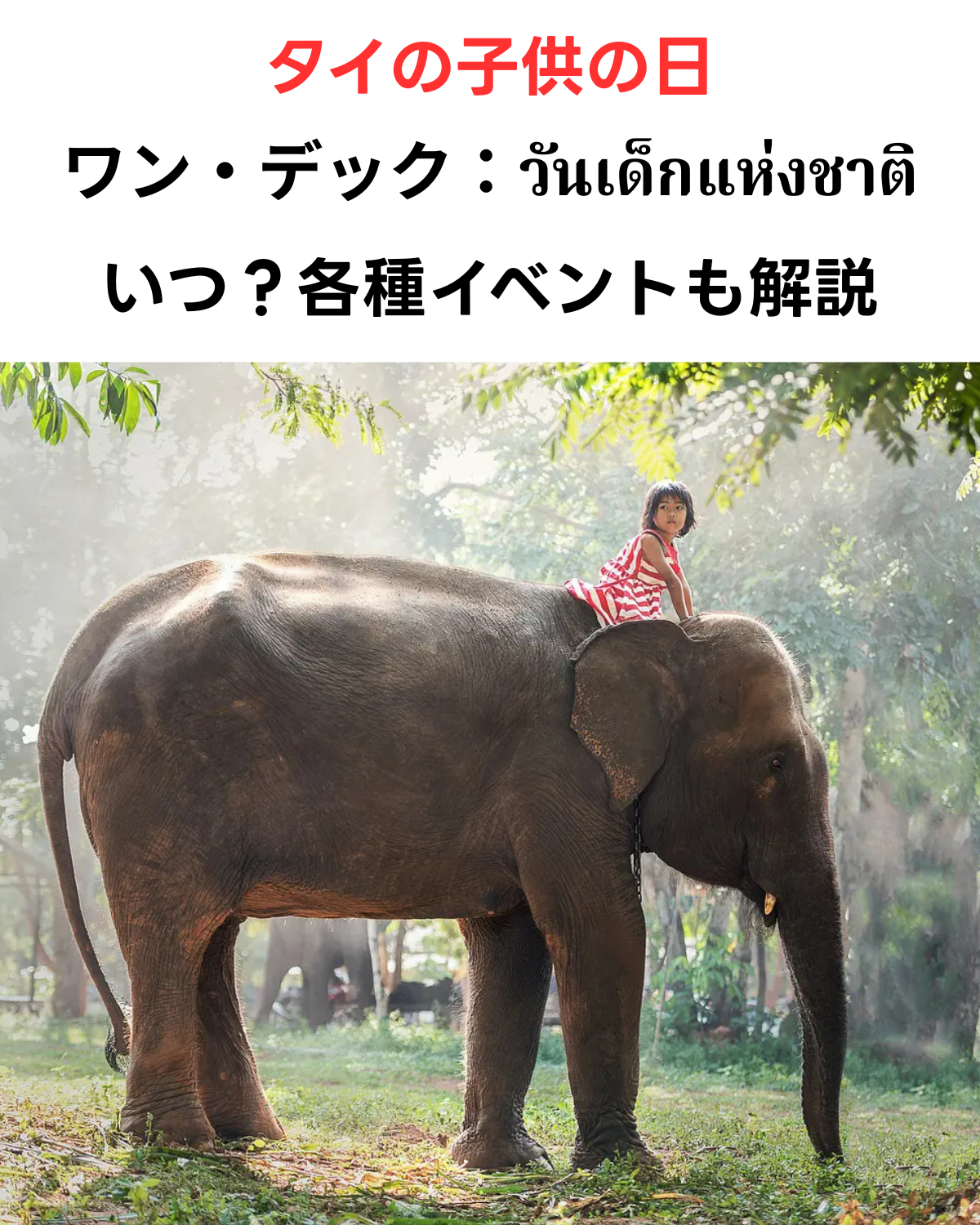 象に乗る少女の写真と「タイの子供の日 ワン・デック いつ？各種イベントも解説」というタイトル文字