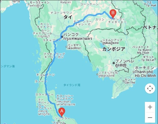 ハジャイからウボンラーチャターニへの逃走経路は約1600キロ