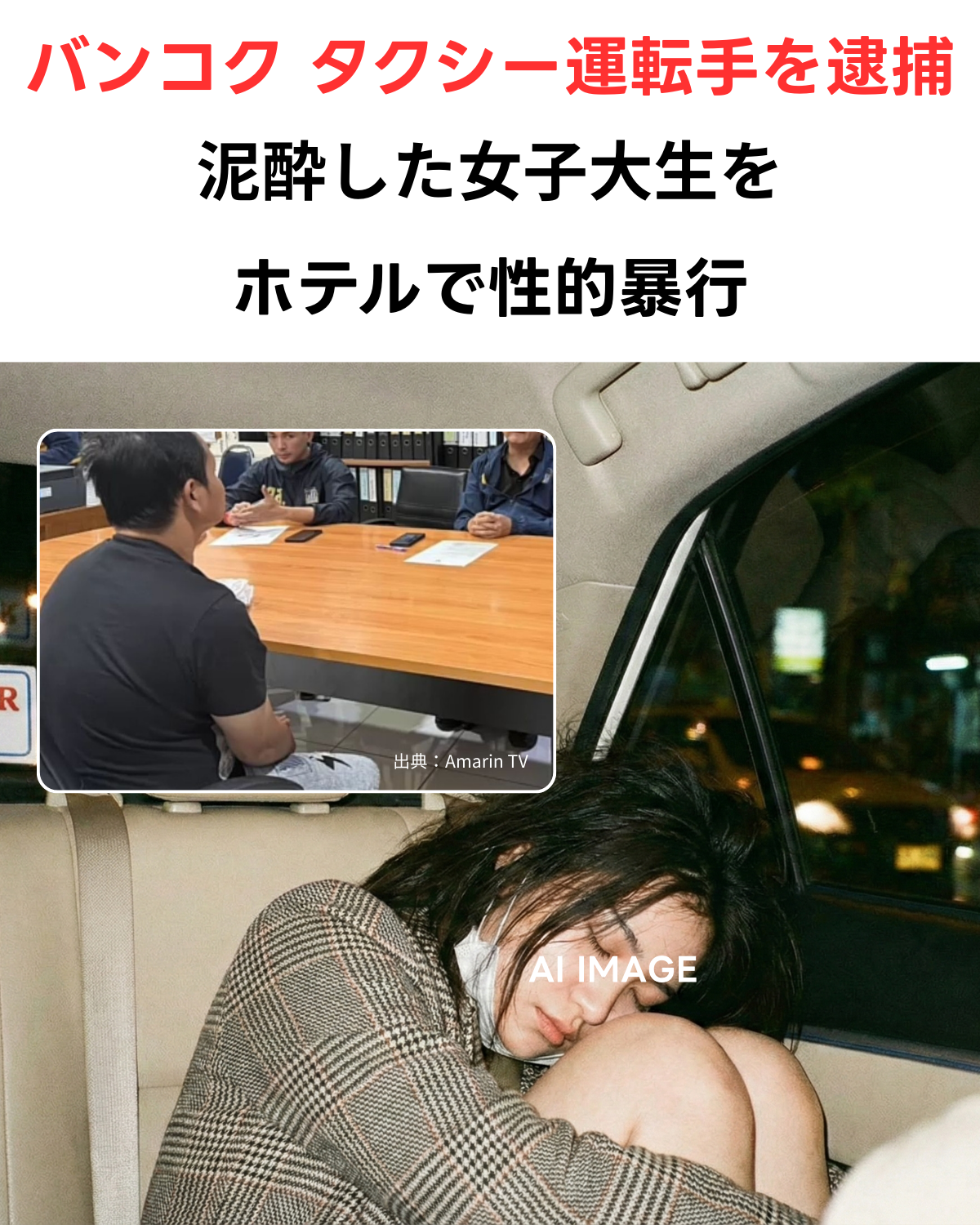 バンコク タクシー運転手を逮捕 泥酔した乗客をラブホテルへ連れ込み性的暴行　一部AI IMAGE（容疑者画像出典：Amarin TV）