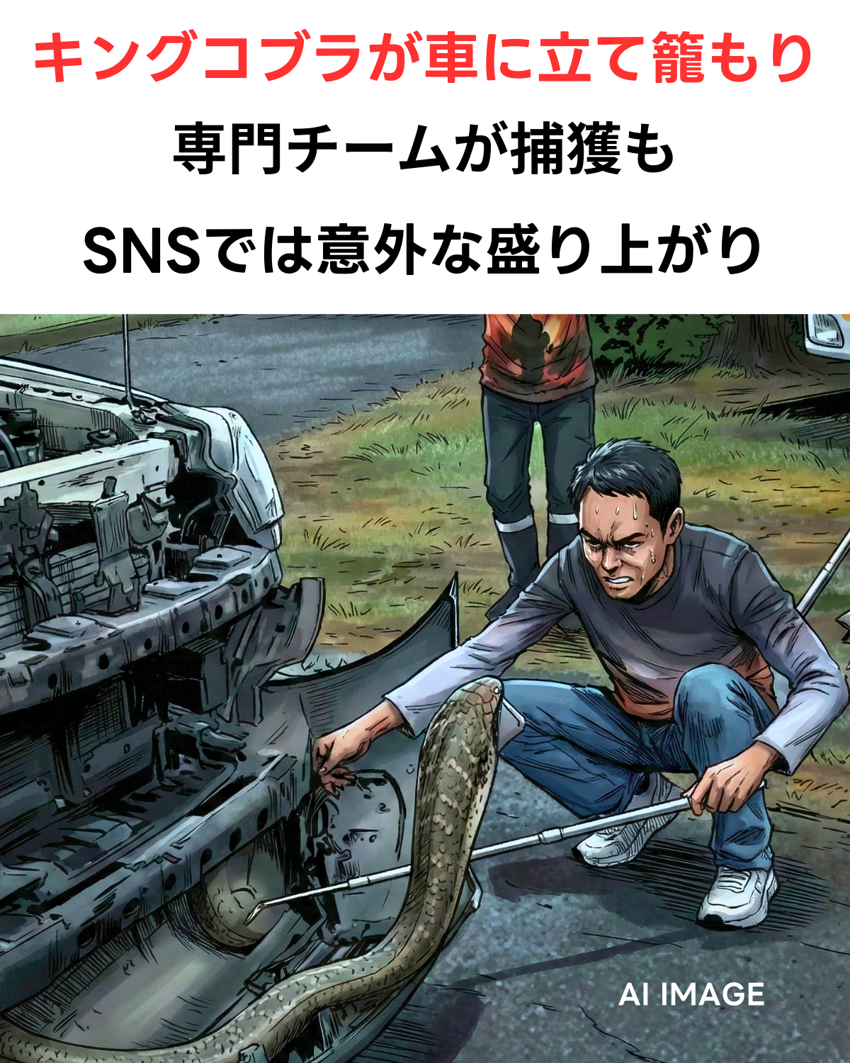 タイ南部 車のバンパーから巨大キングコブラを捕獲する専門家 SNSでは宝くじラッキーナンバーとして話題 AIIMAGE