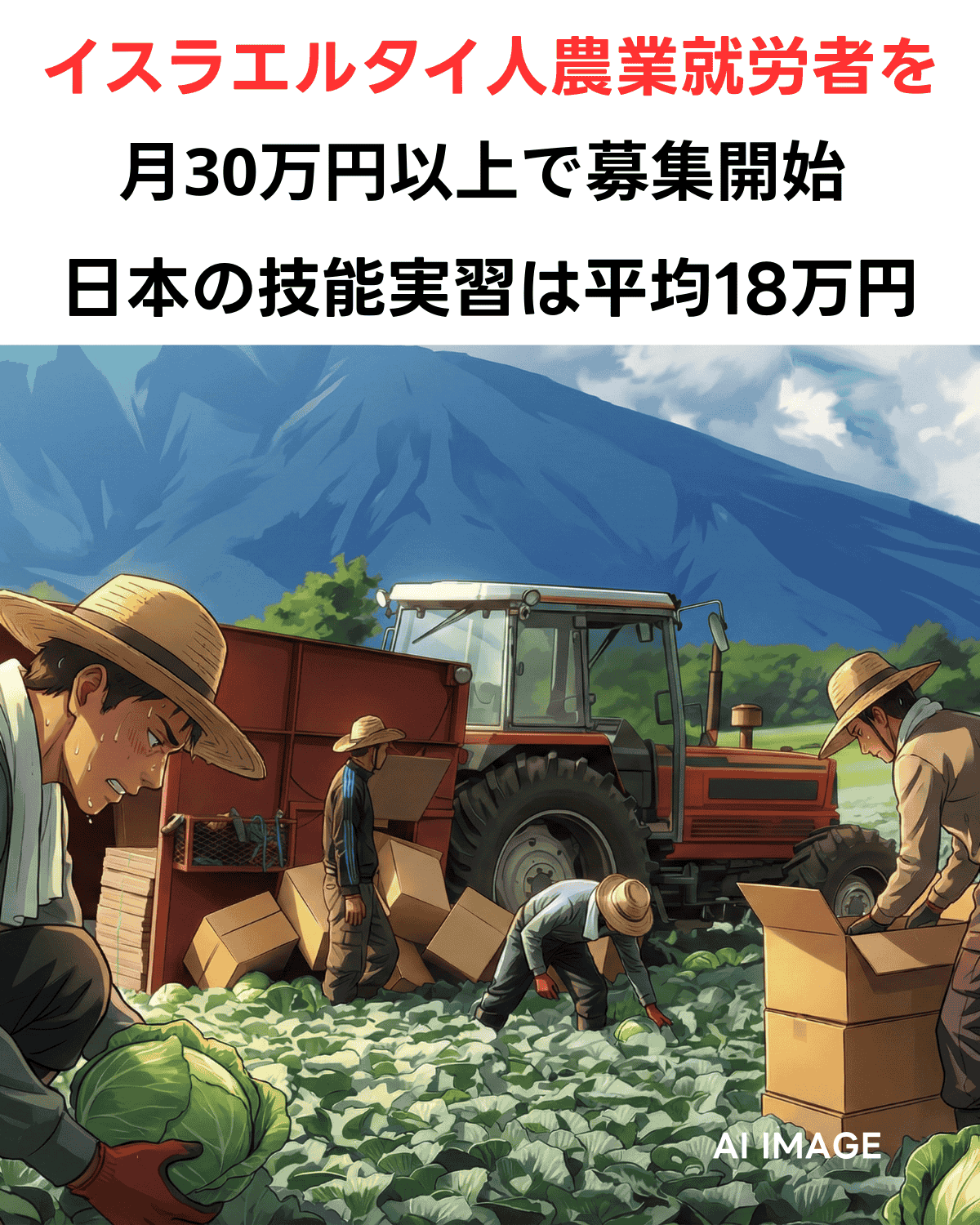 イスラエルでのタイ人農業就労募集（月給約31.1万円）と日本の技能実習（月給18.27万円）の圧倒的な賃金格差をテーマに、農場で働く人々を描いたAI生成のイメージ画像。