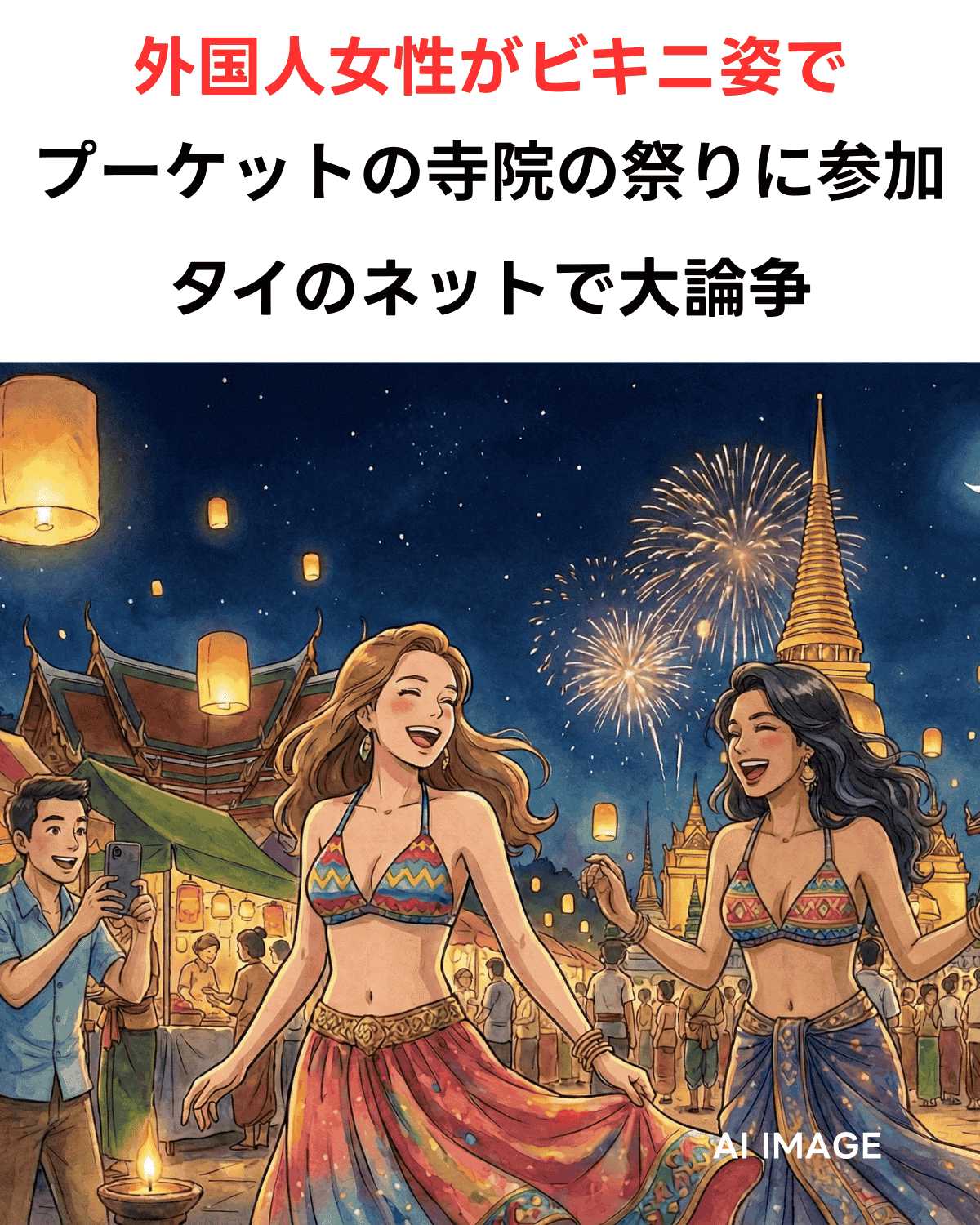 プーケットの寺院（ワット・チャロン）の夜祭りで、ビキニトップ姿の外国人女性2人が踊っているアニメーション風イラスト。周囲にはスマートフォンで撮影する男性や、腕組みをして不快そうな表情の年配男性など、地元のタイ人たちの冷ややかな反応が描かれている。背景には寺院の建物、花火、ランタンが見える。画像上部に赤字で「外国人女性がビキニ姿でプーケットの寺院の祭りに参加」、黒字で「タイのネットで大論争」というテキストが配置されている。右下にAI IMAGEのロゴがある。