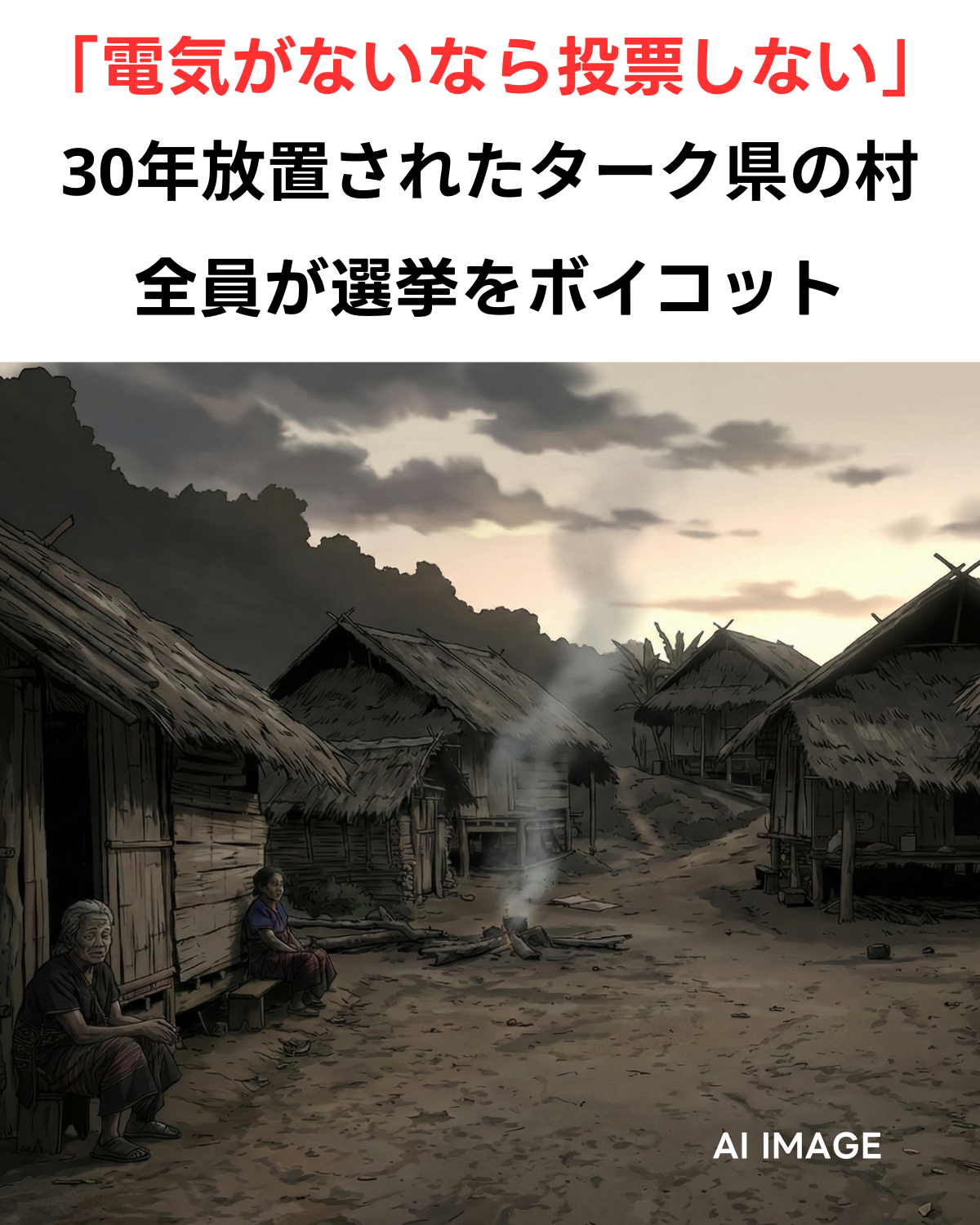 夕暮れ時の薄暗い貧しい山岳部の村の様子を描いたイラスト。数人の高齢者が座っている。画像上部のテキスト：「電気がないなら投票しない」 30年放置されたターク県の村 全員が選挙をボイコット(AI IMAGE)