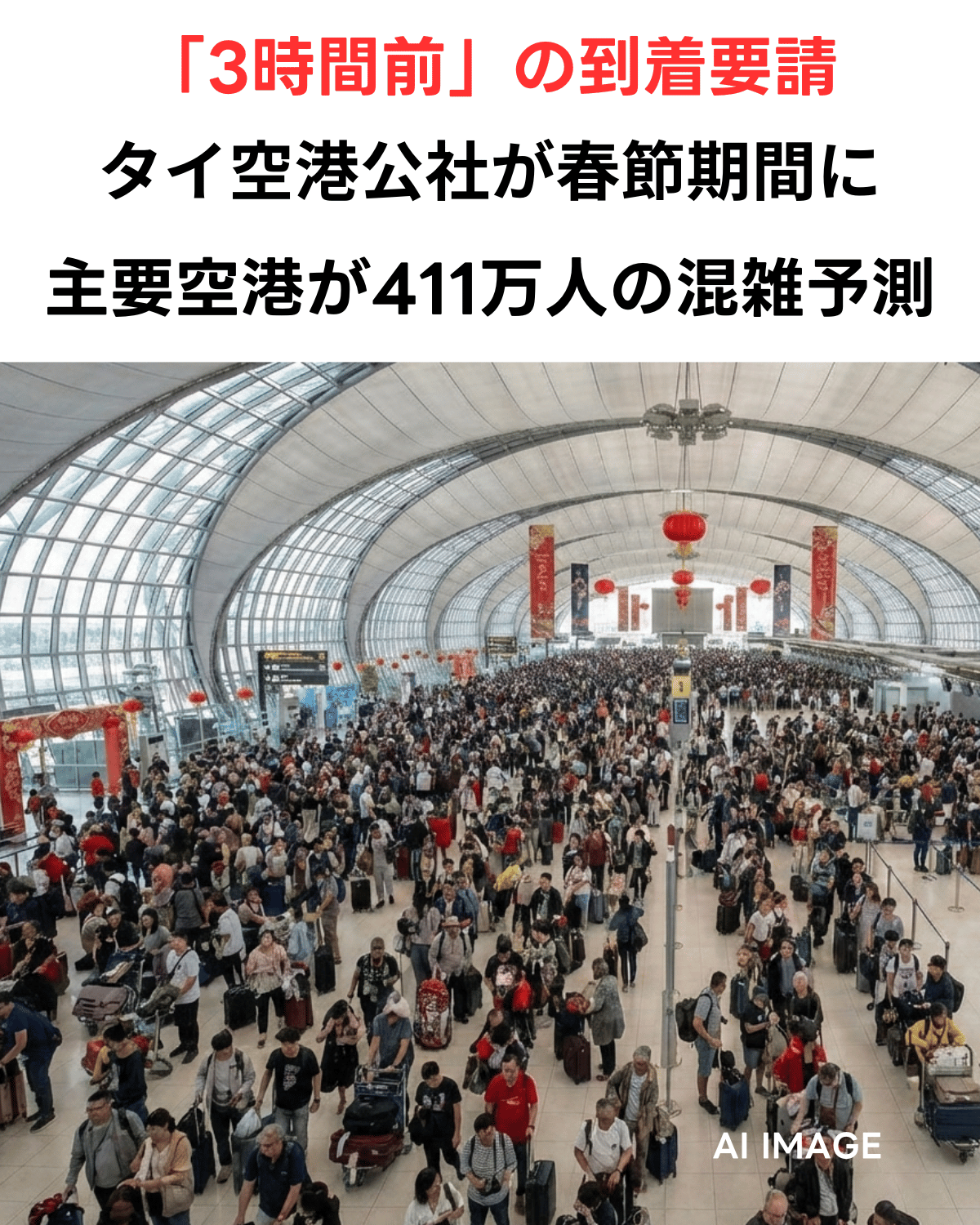 春節（旧正月）の赤いランタンで装飾されたタイの国際空港（スワンナプーム空港）の出発ロビーが、大勢の旅行客と荷物で埋め尽くされ、激しく混雑している様子を描いたAI生成イメージ。画像上部には赤字で「『3時間前』の到着要請」、その下に黒字で「タイ空港公社が春節期間に主要空港が411万人の混雑予測」という日本語テキストが配置されている。右下には「AI IMAGE」のロゴがある。