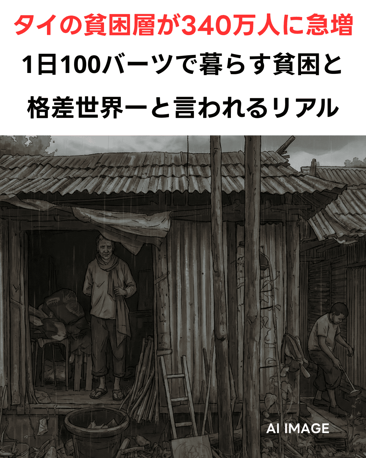「タイの貧困層が340万人に急増」の文字が入った縦長アイキャッチ画像。雨の中、トタン屋根の質素な小屋の前に立つ人々のイラスト。(AI IMAGE)