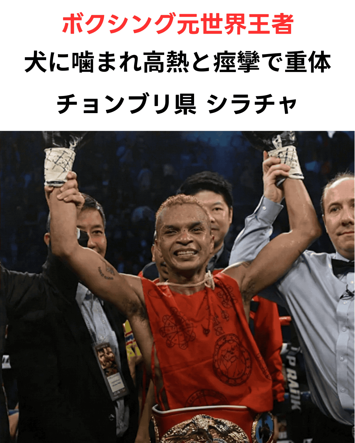 元ボクシング世界王者のアムナット・ルエンロン氏がリング上で勝利を祝う写真。チョンブリ県シラチャで犬に噛まれた後に高熱と痙攣で救急搬送されたニュースを伝えるための記事サムネイル。