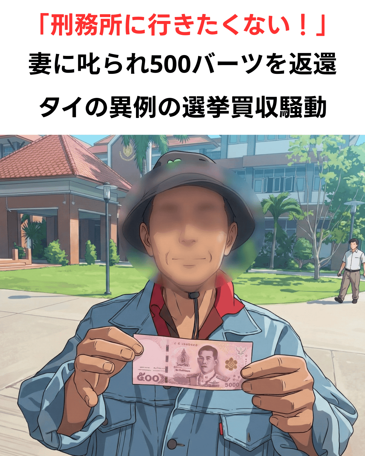 「刑務所に行きたくない！」という赤い大きな文字が入り、500バーツ紙幣を両手で持つタイ人男性のイラスト。背後にはウドンタニの公共施設のような建物。(AI IMAGE)