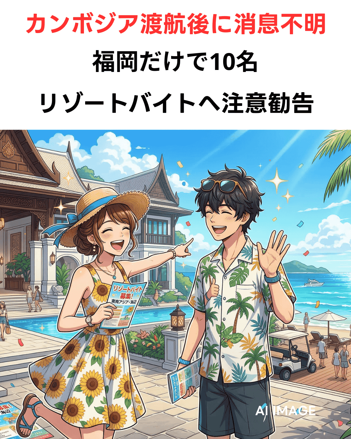 「カンボジア渡航後に消息不明 福岡だけで10名」の見出し。リゾートバイトを装う詐欺の危険性を警告するアニメ調サムネイル。(AI IMAGE)
