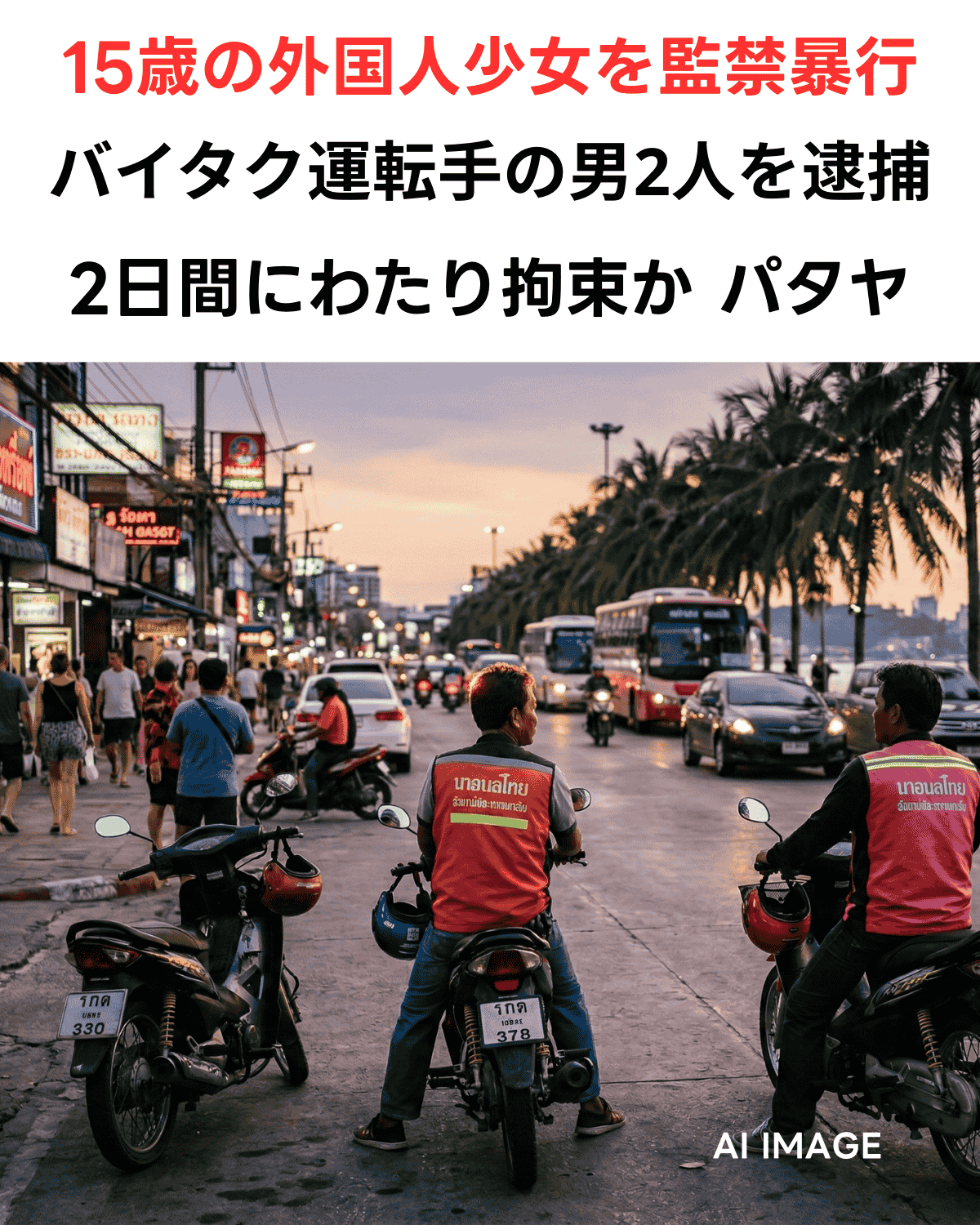 パタヤの夕暮れの街角で待機するバイクタクシー運転手たちのイメージ画像。上部に「15歳の外国人少女を監禁暴行」「バイタク運転手の男2人を逮捕」というニュース見出し。AIIMAGE