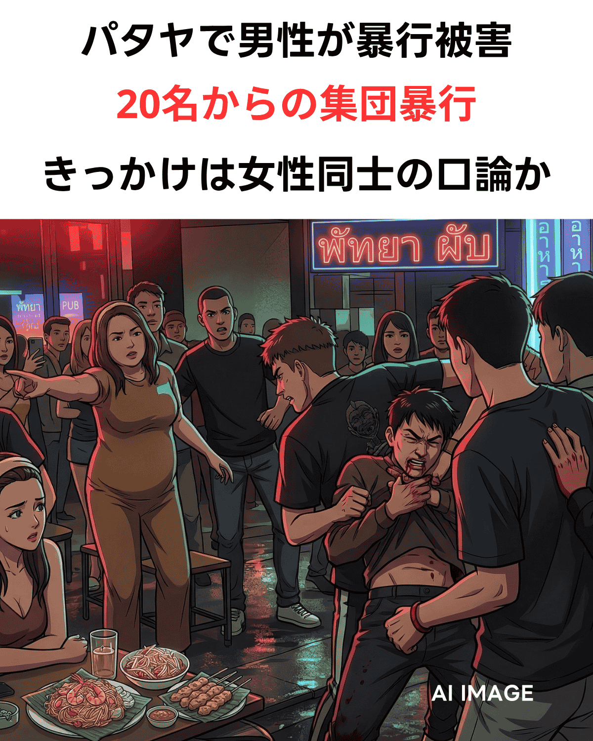 パタヤでの集団暴行事件に関するニュース記事のサムネイル画像。パタヤの夜の繁華街で発生した、女性同士の口論から20人による暴行に発展した様子をAIで生成したイラストが背景になっている。右下には「AI IMAGE」の文字。上部に日本語のタイトル文字が配置されている。(AI IMAGE)