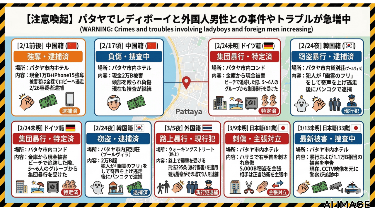 パタヤで2026年2月から3月に発生したレディーボーイによる外国人観光客狙いの事件7件を時系列でまとめたインフォグラフィック画像。日本人被害者2名を含む、中国人、ドイツ人、韓国人への強奪・暴行・刺傷事件の詳細が地図と共に記されている。(AIIMAGE)