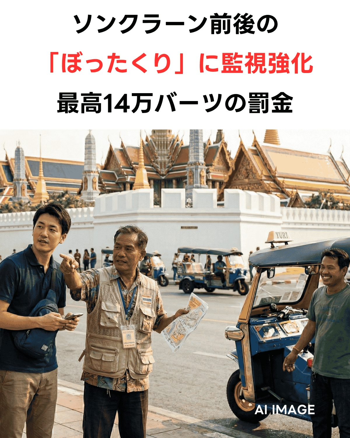タイ・バンコクの王宮前で、地図を見る観光客と笑顔のトゥクトゥク運転手に、ソンクラーン前後のぼったくり監視強化と罰金を伝える日本語の見出しを重ねたニュースサムネイル画像。AI IMAGE。