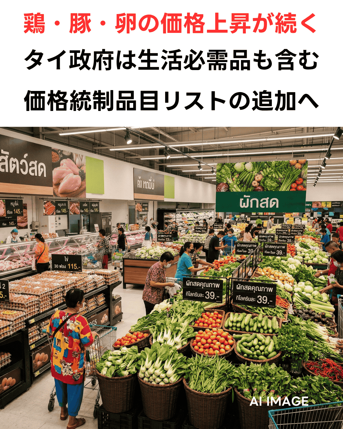 タイのスーパーマーケット店内の様子を描写したAI生成画像。画像上部に大きな赤い文字で「鶏・豚・卵の価格上昇が続く」、その下に黒い大きな文字で「タイ政府は生活必需品も含む価格統制品目リストの追加へ」というテキストが大きく配置されている。店内には卵や肉、野菜の棚があり、買い物客が卵を眺めている。卵の値札には「30個 115」とある。右下に「AI IMAGE」のロゴ。
