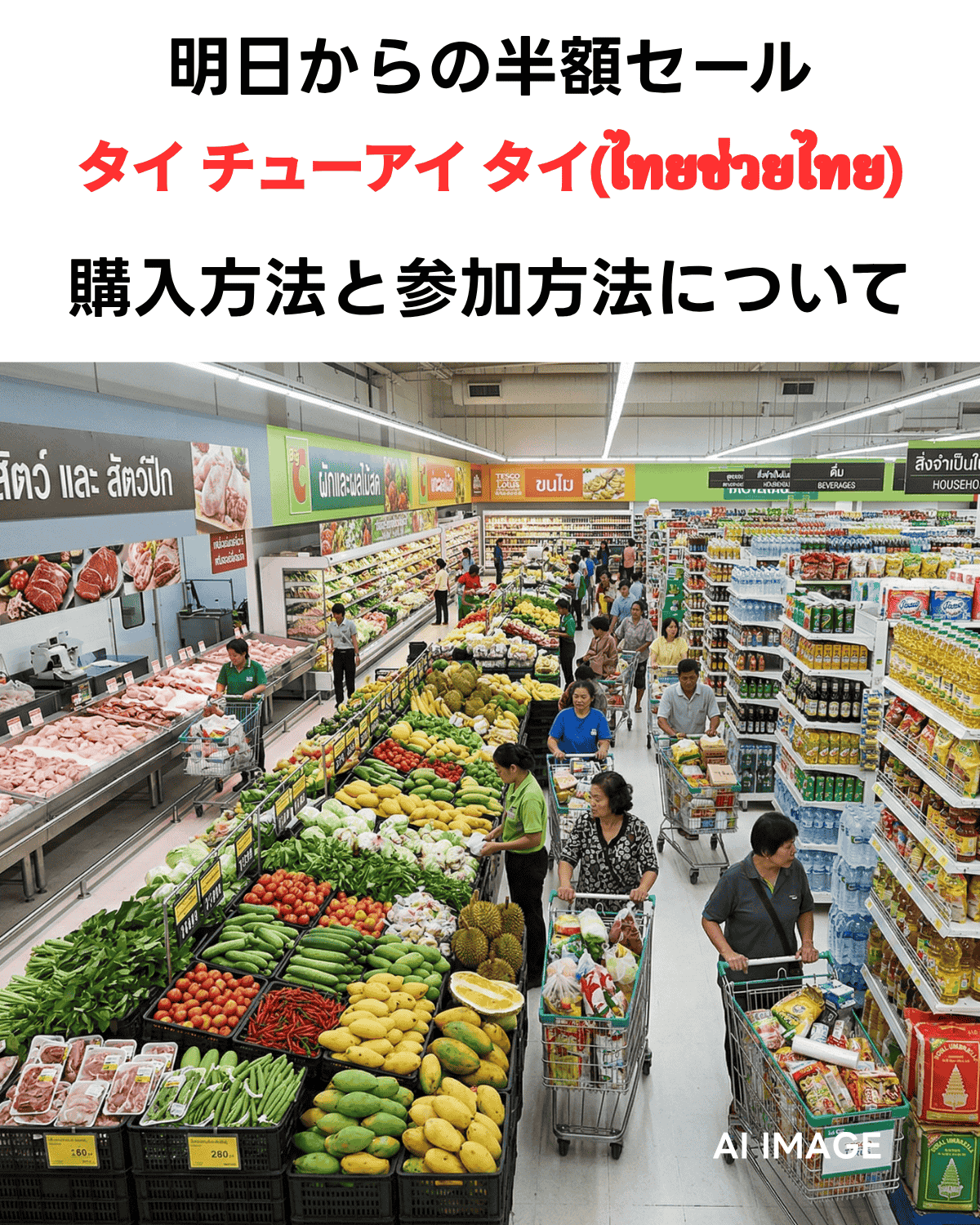 「明日からの半額セール タイ チューアイ タイ(ไทยช่วยไทย) 購入方法と参加方法について」という日本語の見出しテキストが重なった、タイのスーパーマーケットのニュースサムネイル画像。AI生成画像。
