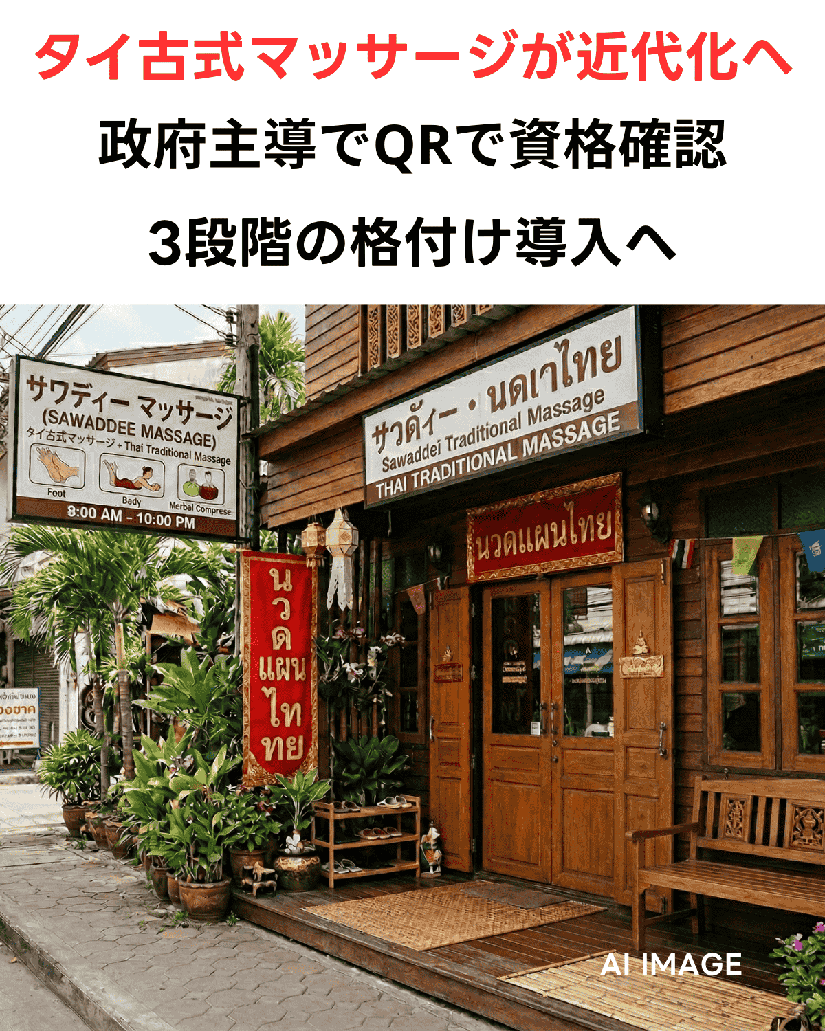 タイの伝統的な木造建築のマッサージ店の外観。上部に「タイ古式マッサージが近代化へ」「政府主導でQRで資格確認」「3段階の格付け導入へ」というニュースの重要見出しが配置されたサムネイル画像 。(AI IMAGE)