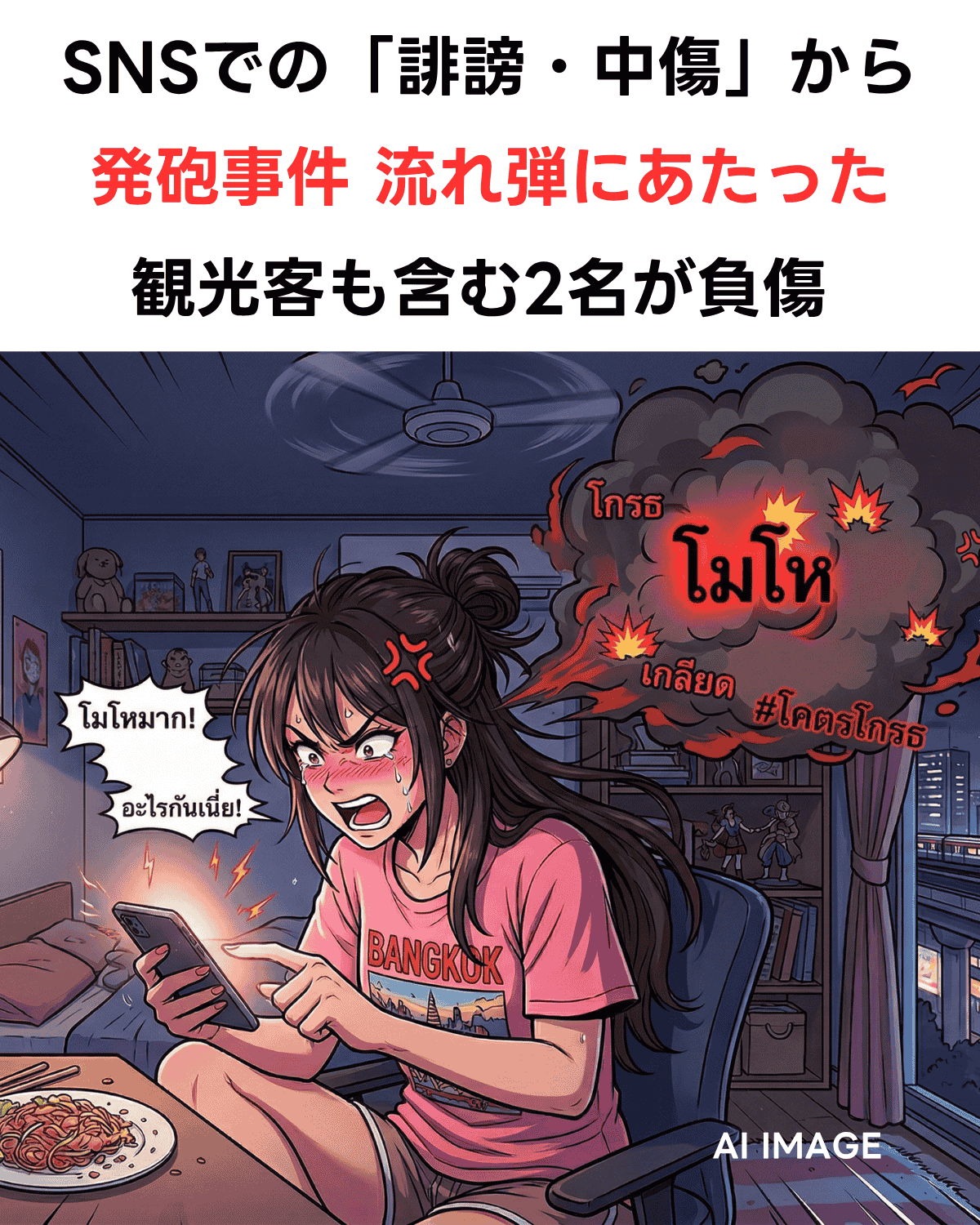 夜の部屋で、泣いている女性がスマホを見て怒っている様子を描いた画像。女性の頭上には怒りの感情を表現するタイ語テキストと煙が上がっており、窓の外には夜の都市景観が広がっている。AIで生成された画像。AI IMAGE。