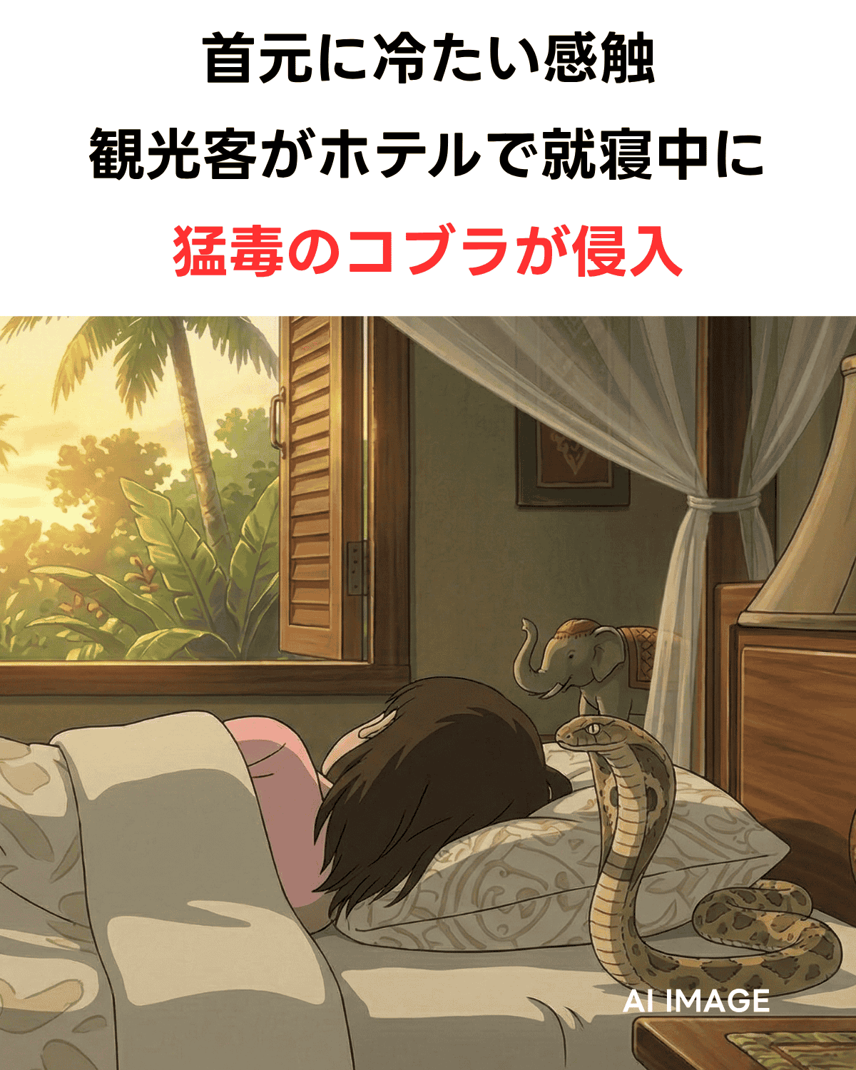 タイ・クラビのホテルで就寝中の観光客の枕元に猛毒コブラが侵入した事件を伝えるニュースサムネイル。アニメスタイルのイラストに日本語の見出しテキスト。AI IMAGE