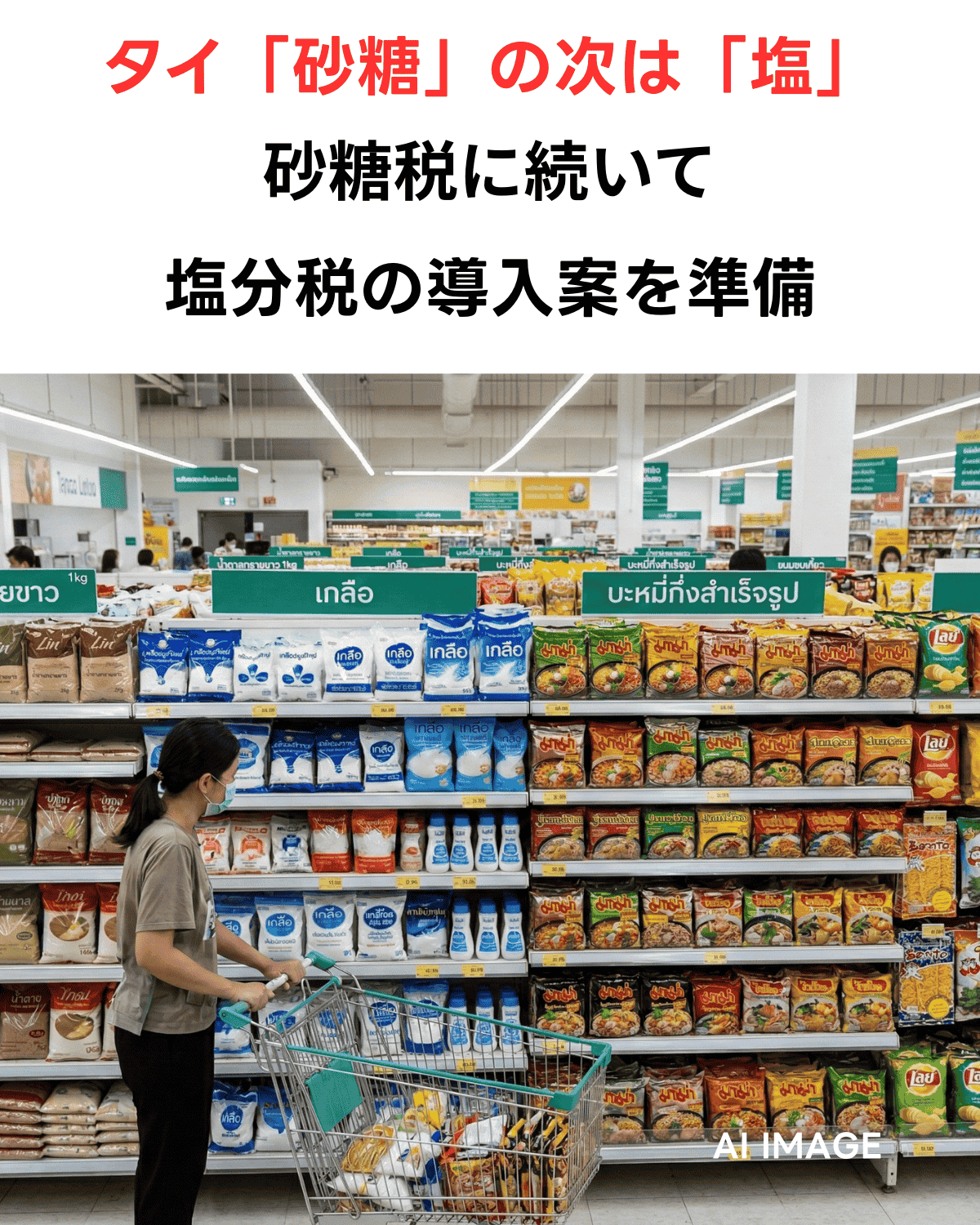 スーパーマーケットの食品棚の前でショッピングカートを押す、マスク姿の女性。棚には砂糖、塩、インスタントラーメン、スナック菓子が並んでいる。上部には「タイ「砂糖」の次は「塩」」「砂糖税に続いて」「塩分税の導入案を準備」という日本語テキストが入っている。右下に「AI IMAGE」の文字。
