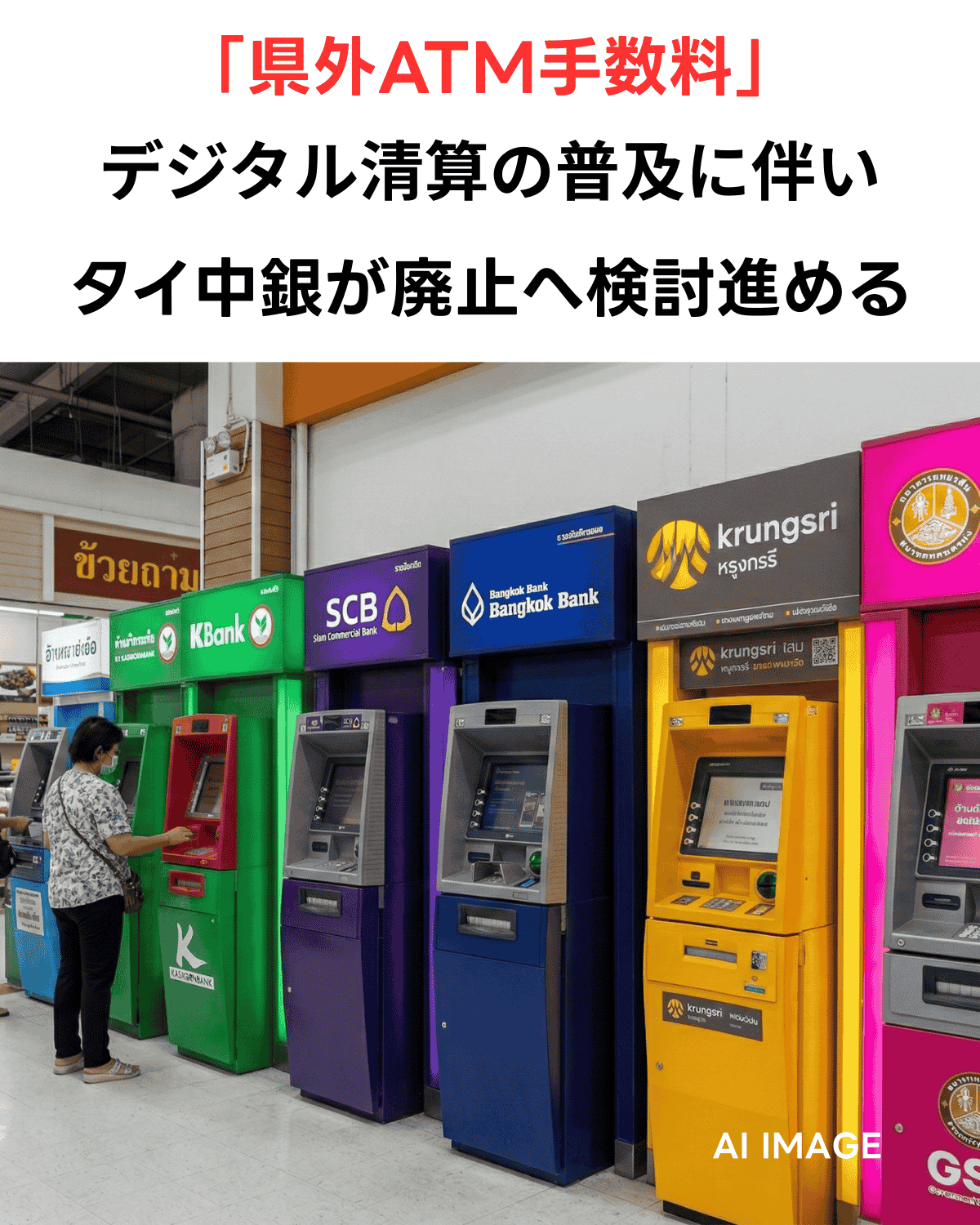 タイのショッピングモールに並ぶカシコン銀行、SCB、バンコク銀行、アユタヤ銀行のカラフルなATMの列。上部にはタイ中銀が「県外ATM手数料」の廃止を検討していることを伝えるニュースの見出し。AIMAGE