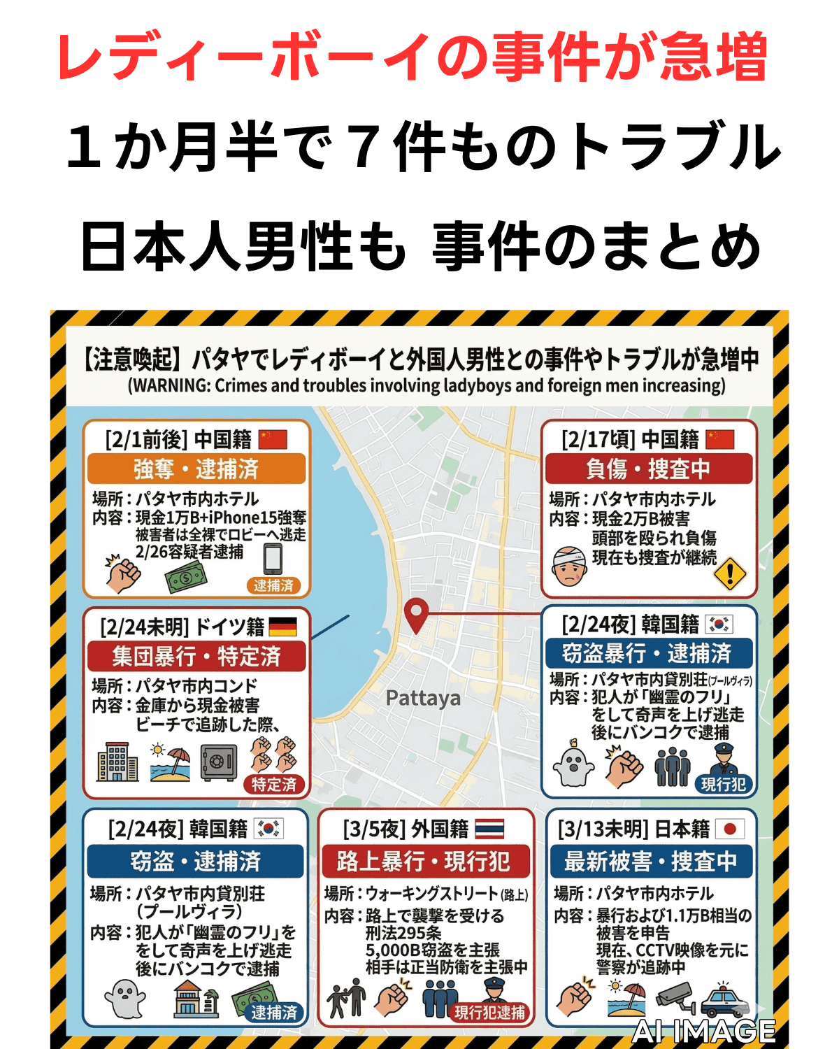 パタヤで2026年2月から3月に発生したレディーボーイによる外国人観光客狙いの事件7件を時系列でまとめたインフォグラフィック画像。日本人被害者2名を含む、中国人、ドイツ人、韓国人への強奪・暴行・刺傷事件の詳細が地図と共に記されている。(AIIMAGE)