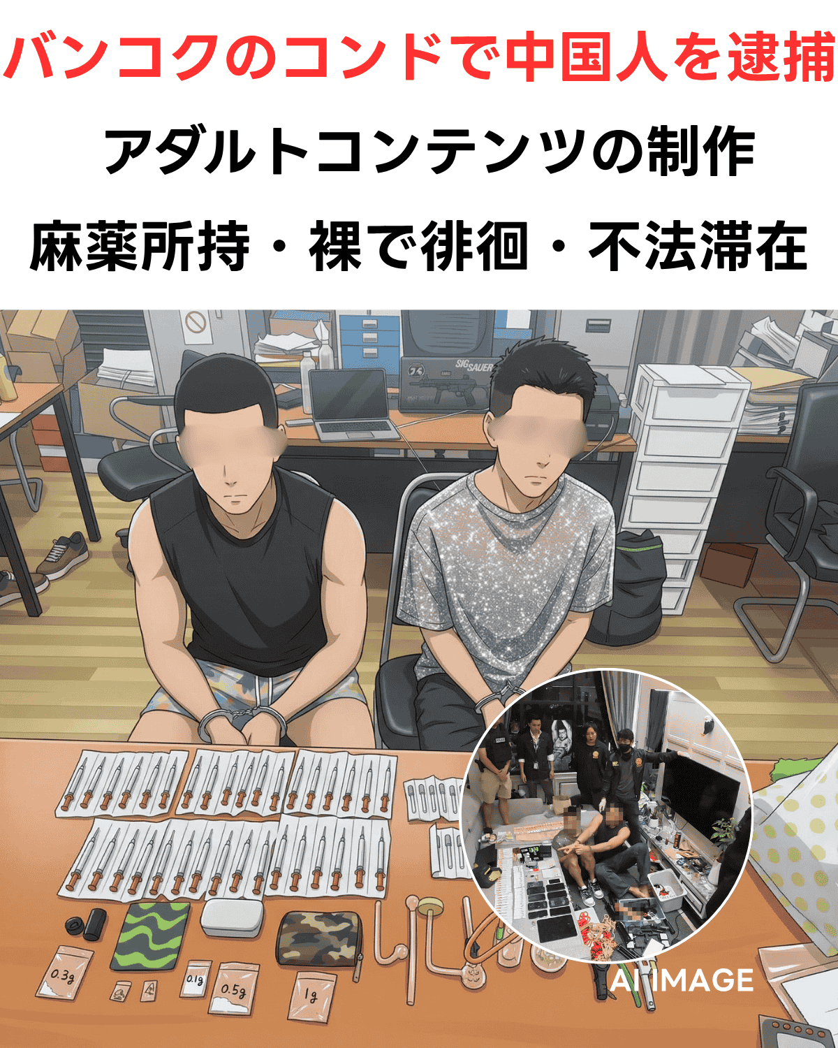 バンコクのコンドミニアムで逮捕された2人の中国人男性のイメージ画像。デスクの上には大量の注射器や薬物の袋が並べられており、男性たちは手錠をかけられている。画像中央には「バンコクのコンドで中国人を逮捕」「アダルトコンテンツの制作」「麻薬所持・裸で徘徊・不法滞在」という日本語のテロップ。右下の円形インセットには、実際の警察による家宅捜索の現場写真が配置されている。