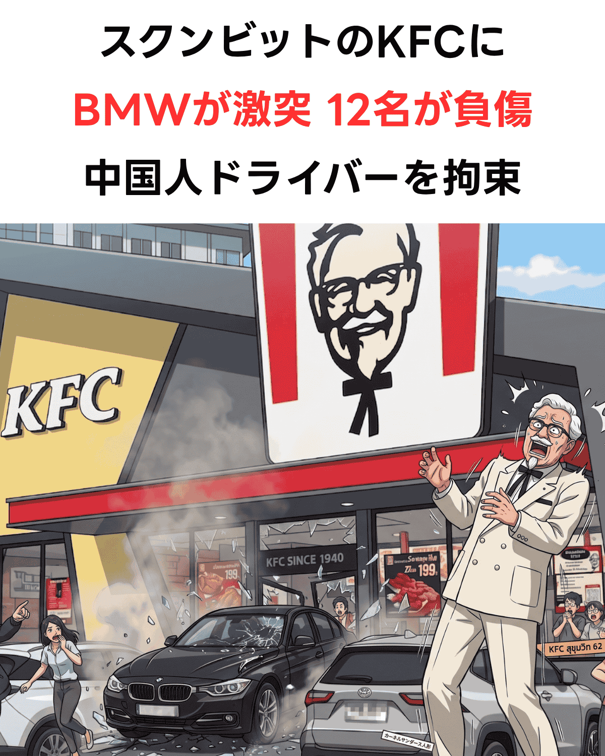 「スクンビットのKFCにBMWが激突 12名が負傷 中国人ドライバーを拘束」という日本語テキストと、KFC店舗にBMWが突っ込みカーネルサンダースが驚いているアニメ風イラストのニュースサムネイル。AI生成画像。