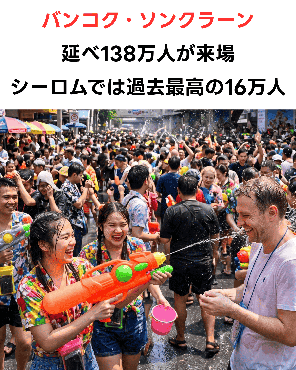 タイのソンクラーン（水かけ祭り）で、バンコクのシーロム通りの人混みを描いたAI生成写真。手前で人びとが水鉄砲で水をかけ合い、楽しんでいる。上部に「バンコク・ソンクラーン 延べ138万人が來場 シーロムでは過去最高の16万人」という日本語テキスト。IMAGE画像