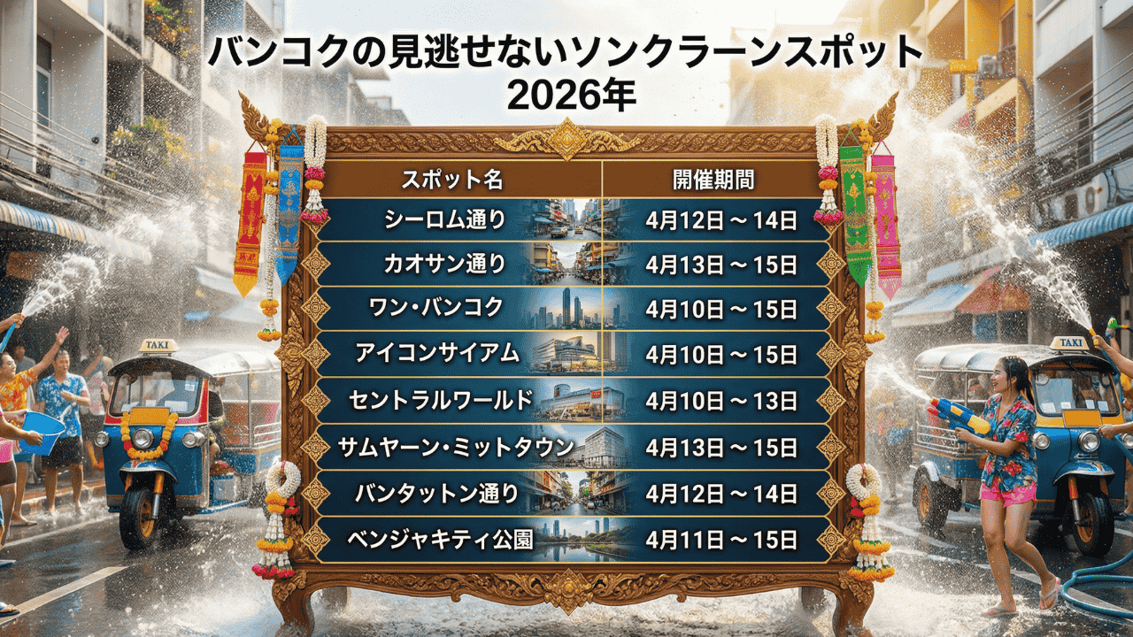 2026年バンコクのソンクラーン主要8スポットの開催スケジュール表。シーロム通り、カオサン通り、バンタットーン通り、アイコンサイアムなどの開催期間が一覧で記載されているインフォグラフィック。