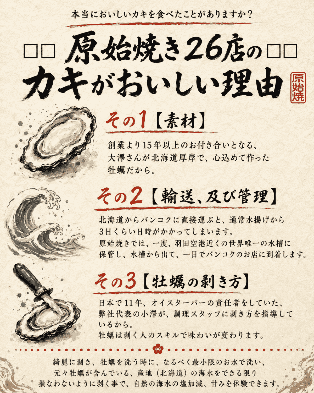 その1【素材】 創業より15年以上のお付き合いとなる、大澤さんが北海道厚岸で、心込めて作った牡蠣だから。 その2【輸送、及び管理】 北海道からバンコクに直接運ぶと、通常水揚げから3日くらい日時がかかってしまいます。 原始焼きでは、一度、羽田空港近くの世界唯一の水槽に保管し、水槽から出て、一日でバンコクのお店に到着します。 その3【牡蠣の剥き方】 日本で11年、オイスターバーの責任者をしていた、弊社代表の小澤が、調理スタッフに剥き方を指導しているから。 牡蠣は剥く人のスキルで味わいが変わります。 綺麗に剥き、牡蠣を洗う時に、なるべく最小限のお水で洗い、元々牡蠣が含んでいる、産地(北海道)の海水をできる限り損なわないように剥く事で、自然の海水の塩加減、甘みを体験できます。