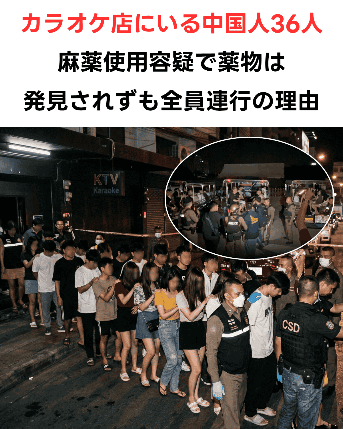 タイのパタヤにある「KTV Karaoke」という看板のカラオケ店の前で、複数の警察官（CSDのベスト着用者を含む）が、顔にモザイクがかけられた多数の男女（主に若者）を一列に並べて連行している様子。上部には「カラオケ店にいる中国人36人」「麻薬使用容疑で一斉摘発」「薬物は発見されずも全員連行」という日本語のテロップが赤い文字と黒い文字で大きく表示されている。夜間のシーン。