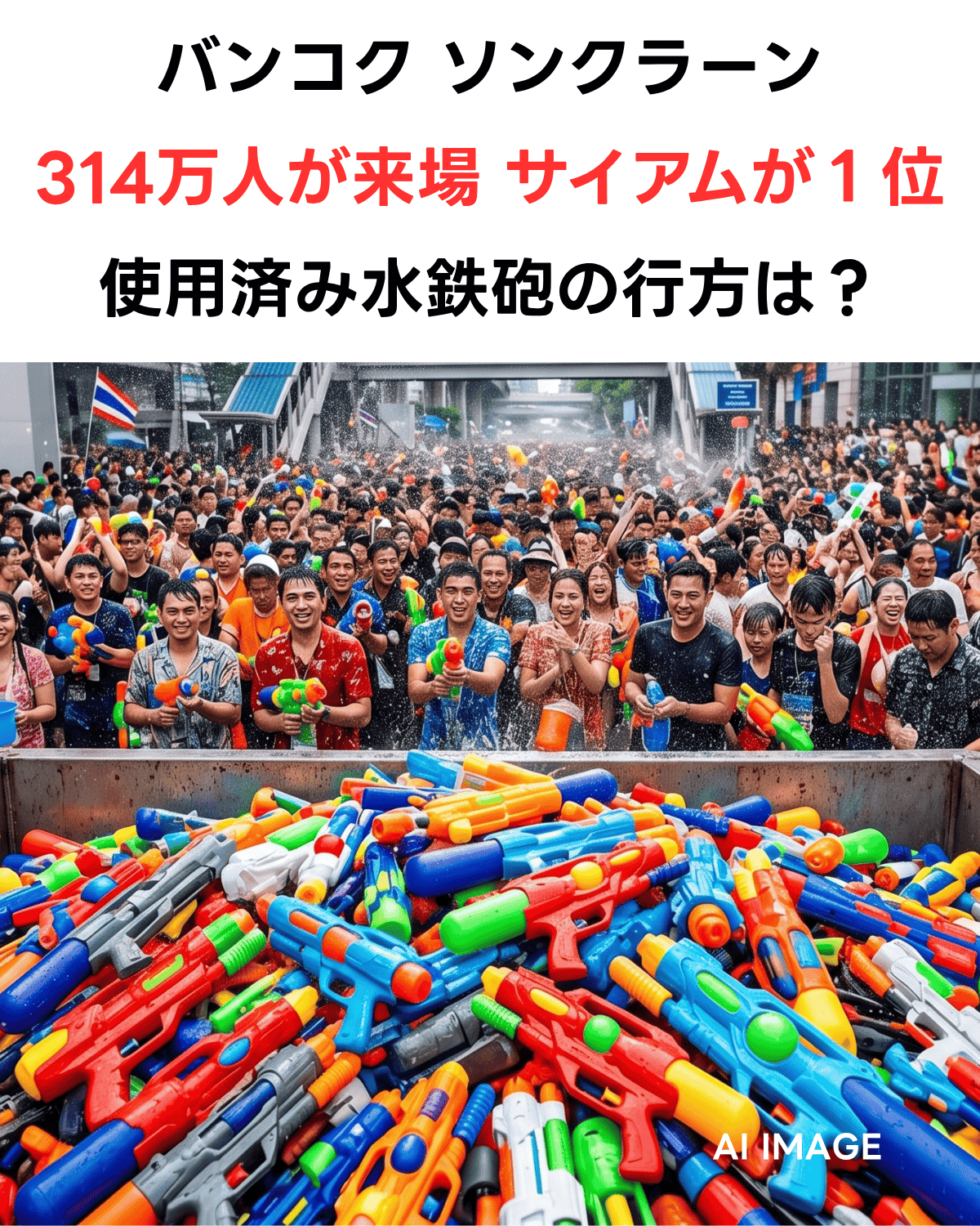 手前に山積みにされた色とりどりの大量の使用済み水鉄砲。奥にはバンコクのソンクラーン祭りで盛り上がる人混みが写っている。画像上部には「バンコク ソンクラーン」「314万人が来場 サイアムが1位」「使用済み水鉄砲の行方は？」という日本語テキストが配置されている、AI生成のニュースサムネイル。