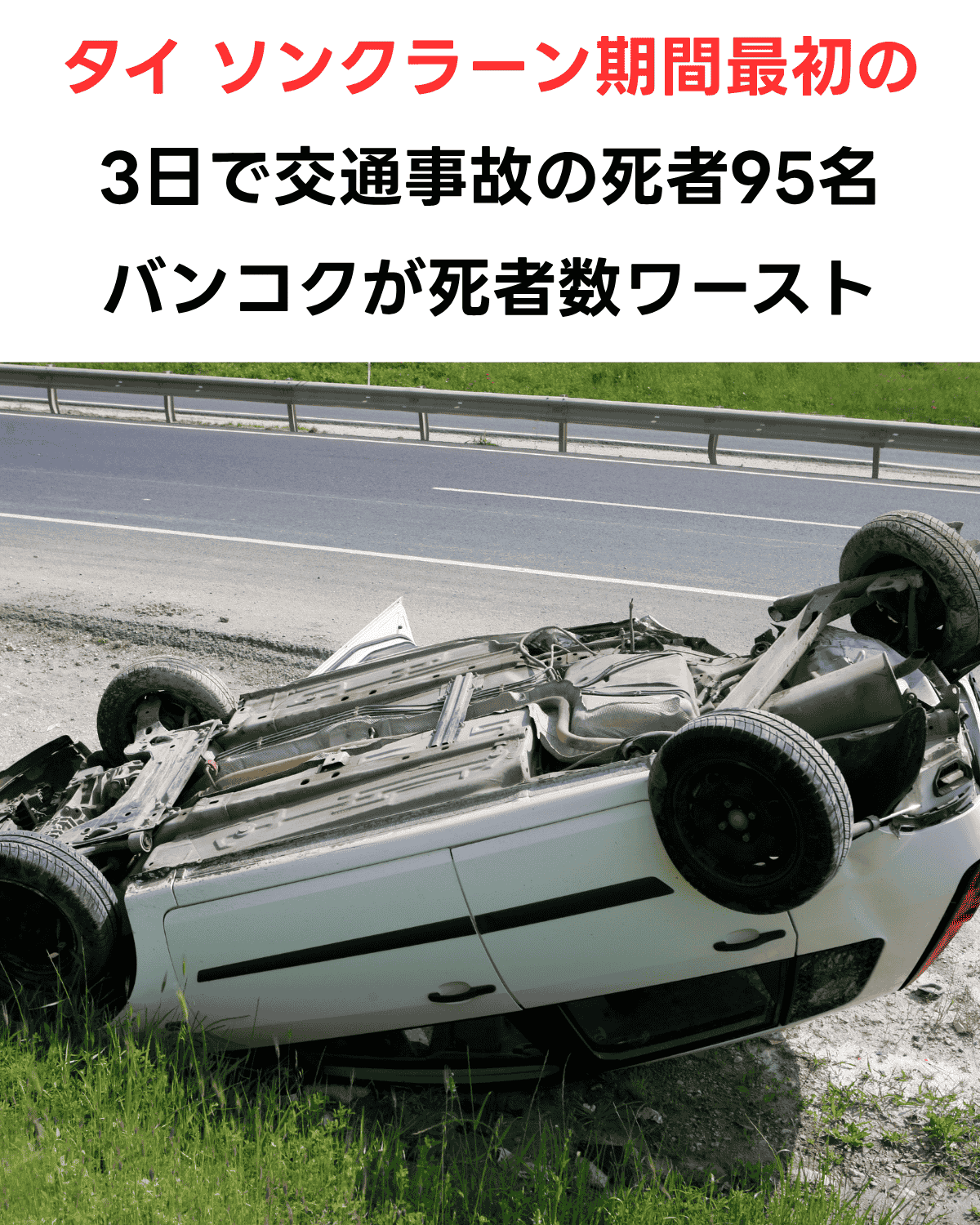 事故車両（白い乗用車）が道路脇の草むらに完全に横転している実写画像。車体の底が見えており、タイヤが宙に浮いている。事故の激しさを視覚的に伝える画像。ソンクラーン「危険な7日間」の交通事故統計の記事に使用される。出典なし（実写画像）。