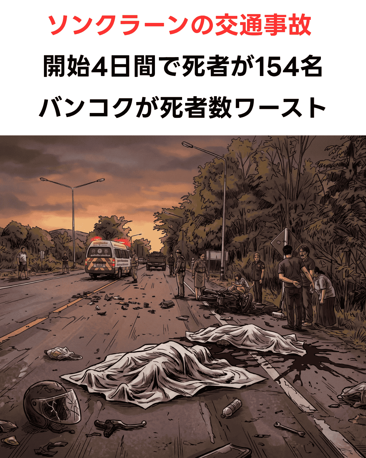 ソンクラーン期間中の交通事故現場を描いたAI生成画像。道路上には白い布で覆われた2つの遺体があり、その周囲に警察官、救急隊員、悲しむ家族が集まっている。背景には赤色灯をつけた救急車が停車しており、夕暮れ時の重苦しい雰囲気が描かれている。上部には「ソンクラーンの交通事故」「開始4日間で死者が154名」「バンコクが死者数ワースト」という日本語テキストが配置されている。