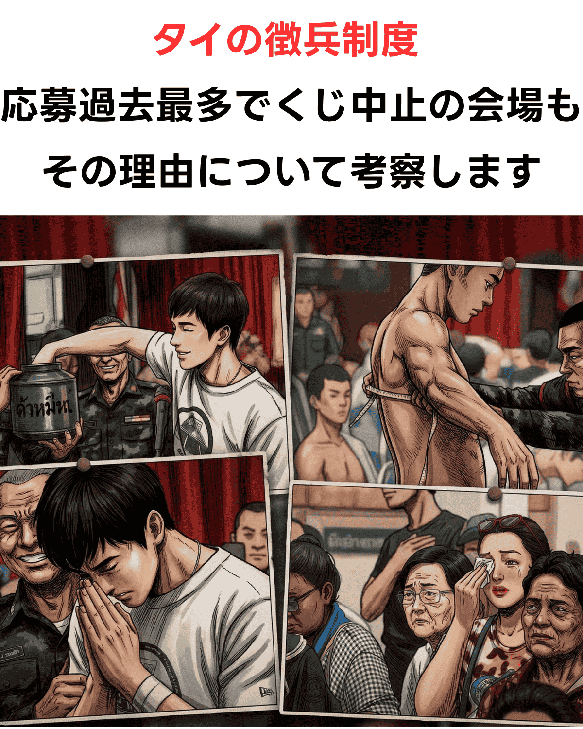 タイの徴兵制度（抽選）の様子を描いた4枚のイラストコラージュ。壺からカードを引く若者、兵士による身体検査（胸囲測定）、祈る若者、そして見守る家族の涙が描かれている。上部には「タイの徴兵制度 応募過去最多でくじ中止の会場も その理由について考察します」という日本語テキストが配置されている。
