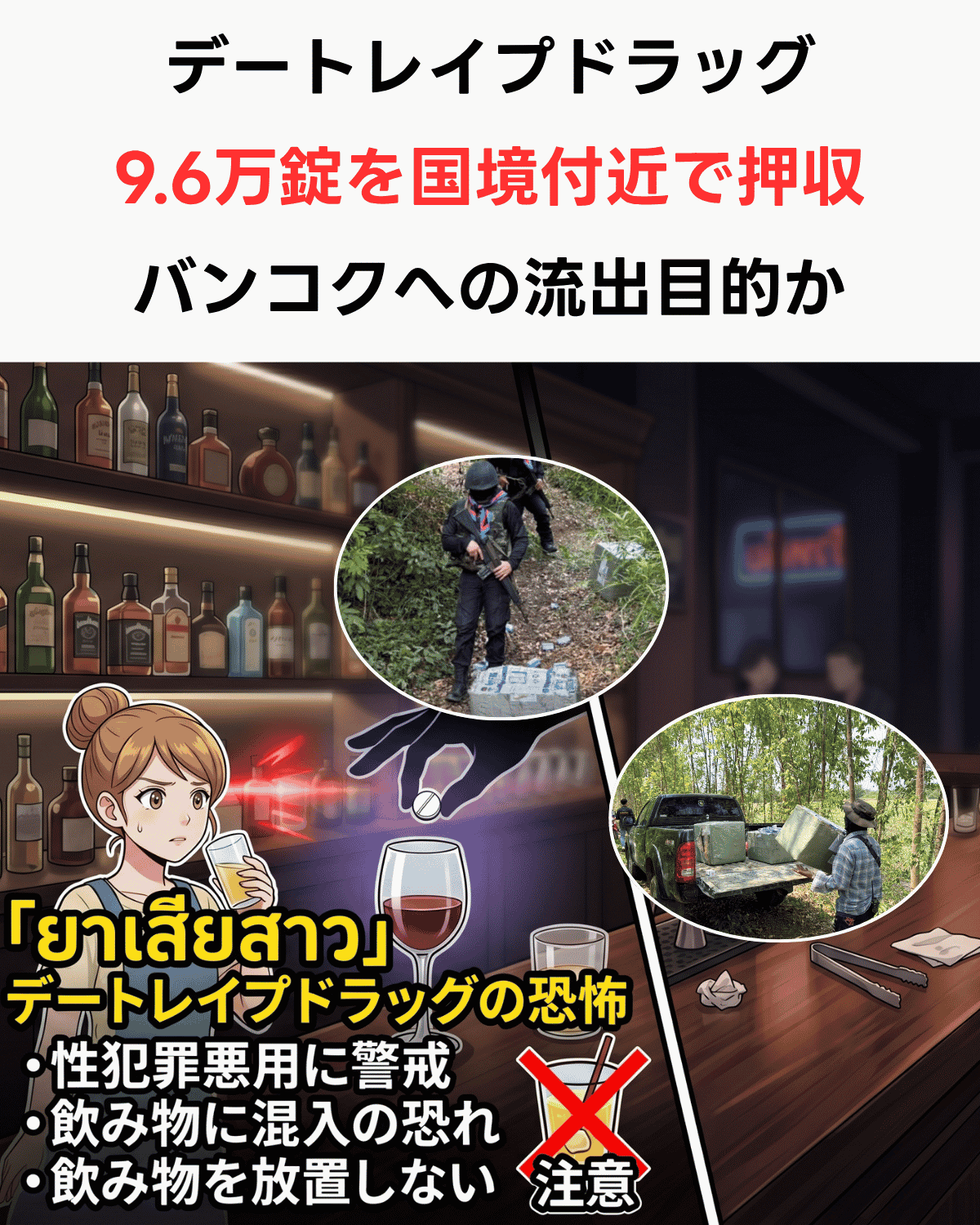 「デートレイプドラッグ9.6万錠を国境付近で押収 バンコクへの流出目的か」という日本語テキストと、タイ軍レンジャーが押収現場で薬物を確認している実写真・薬物を運搬するトラックの実写真・バーで女性の飲み物に錠剤を混入しようとするイラストを組み合わせたニュースサムネイル。