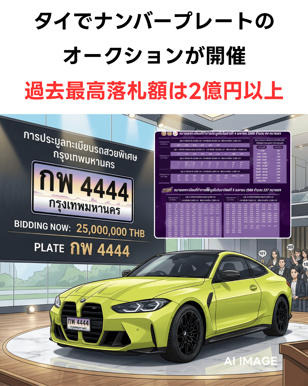 タイのナンバープレートオークション会場。ステージには鮮やかな黄色のBMWが置かれ、巨大スクリーンには「กพ 4444 กรุงเทพมหานคร」のナンバーと「BIDDING NOW: 25,000,000 THB」の文字が表示されている。観客が入札パドルを持っている。「過去最高落札額は2億円以上」の日本語テキストが重なっている。AI生成画像。