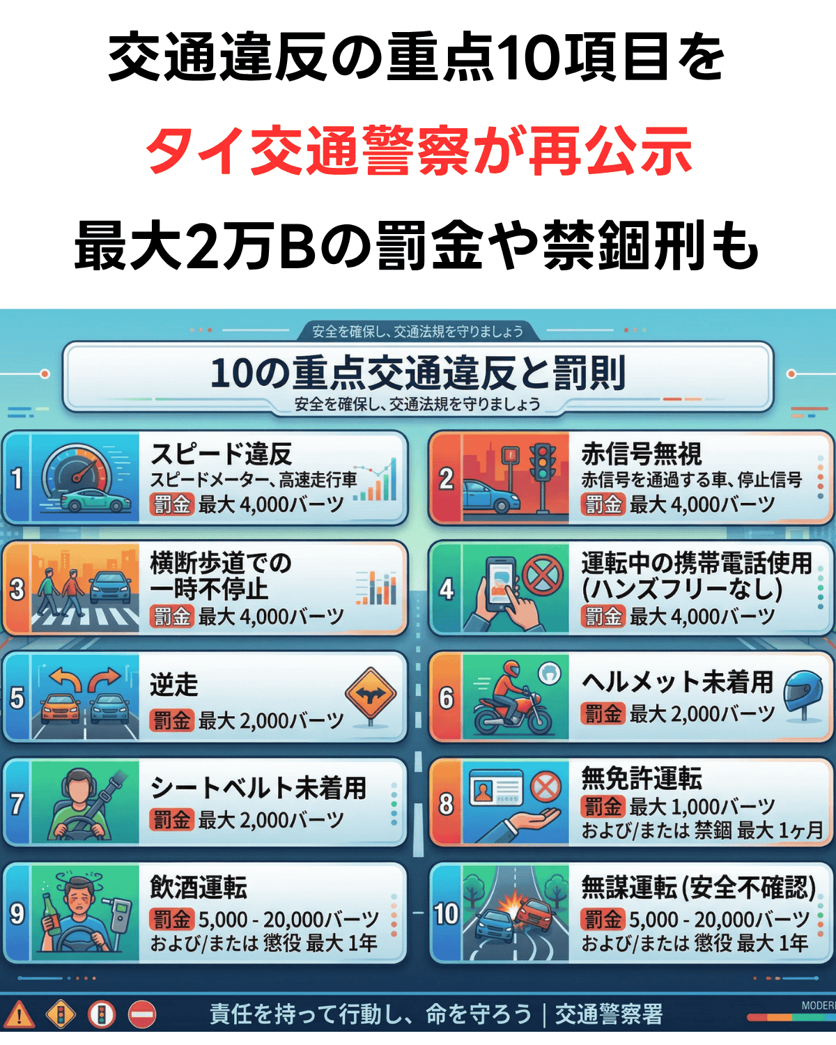 タイ交通警察が再公示した「交通違反の重点10項目」の日本語インフォグラフィック。スピード違反、信号無視、飲酒運転、免許不携帯などの罰金・禁錮刑がアイコンと共に解説されているサムネイル。