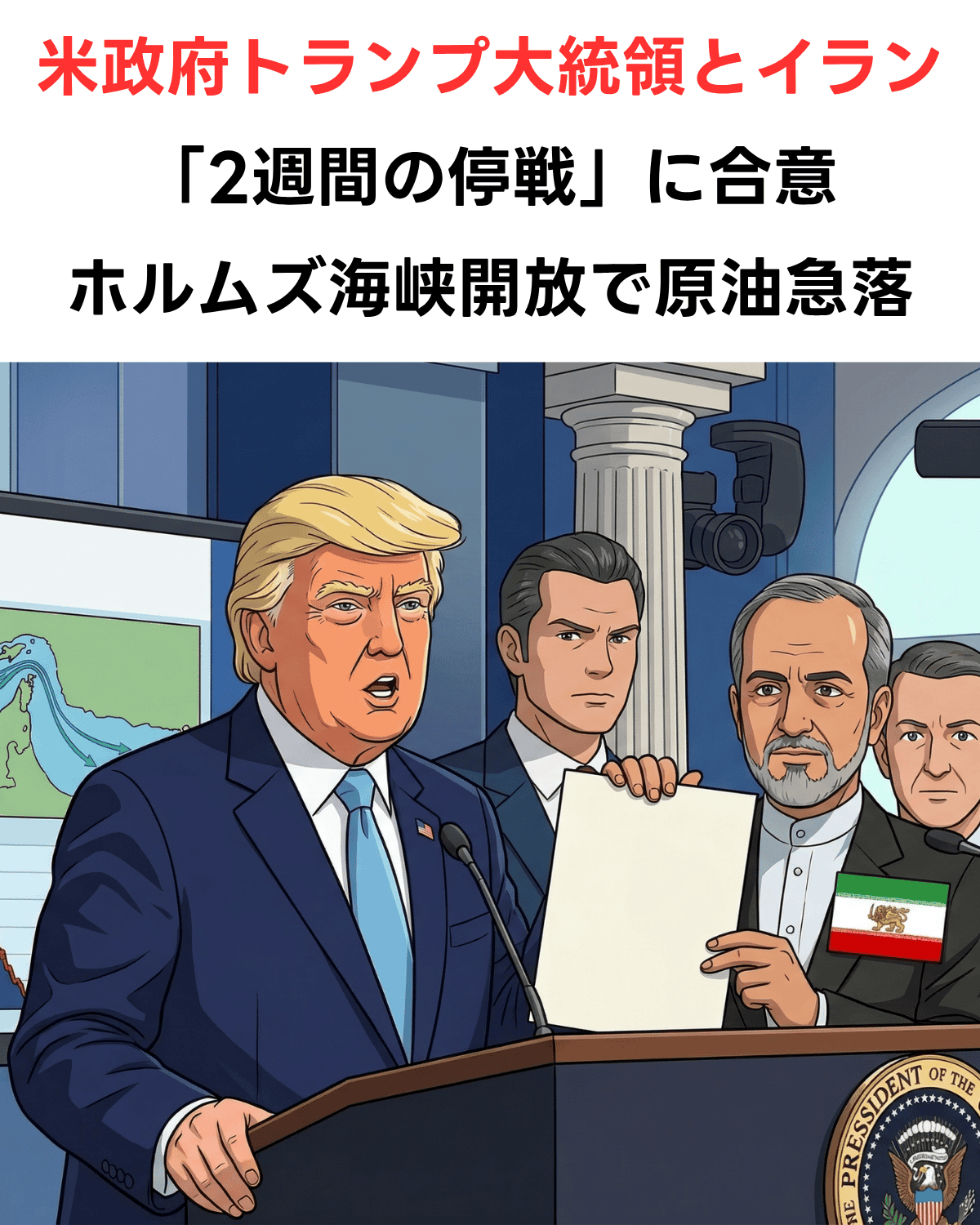 トランプ米大統領がホワイトハウスの記者会見場で、イラン代表と並んで立っているAI生成画像。トランプ氏はマイクに向かって話しており、イラン代表は「Ceasefire Agreement」と書かれた赤いスタンプ付きの文書を提示している。上部には「米政府トランプ大統領とイランが『2週間の停戦』に合意。ホルムズ海峡開放で原油急落」という日本語のニュース帯が表示されている。左側のモニターには、ホルムズ海峡の地図と、「原油急落」を指す折れ線グラフが映っている。後方にはカメラや他の出席者たちがいる。AII MAGE