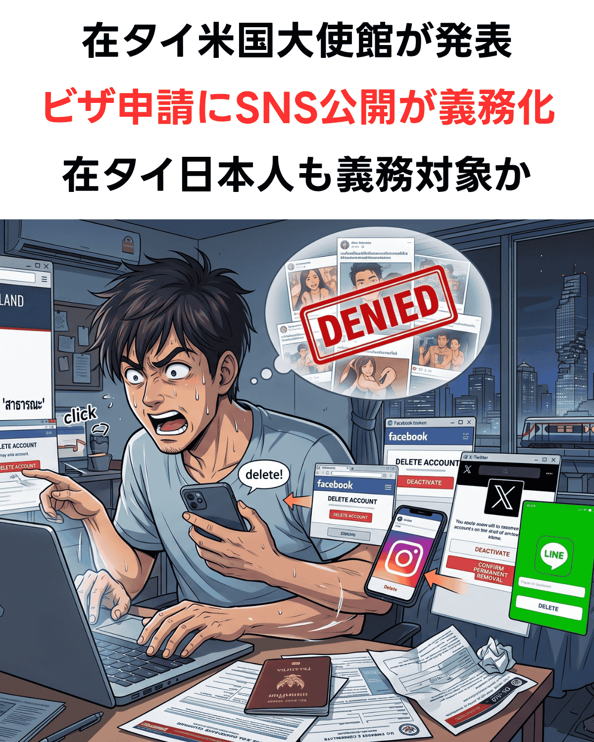 在タイ米国大使館が発表・ビザ申請にSNS公開が義務化・在タイ日本人も義務対象かという日本語テキストと、SNSアカウント削除に焦る男性のイラストが描かれたニュースサムネイル。AI生成画像。