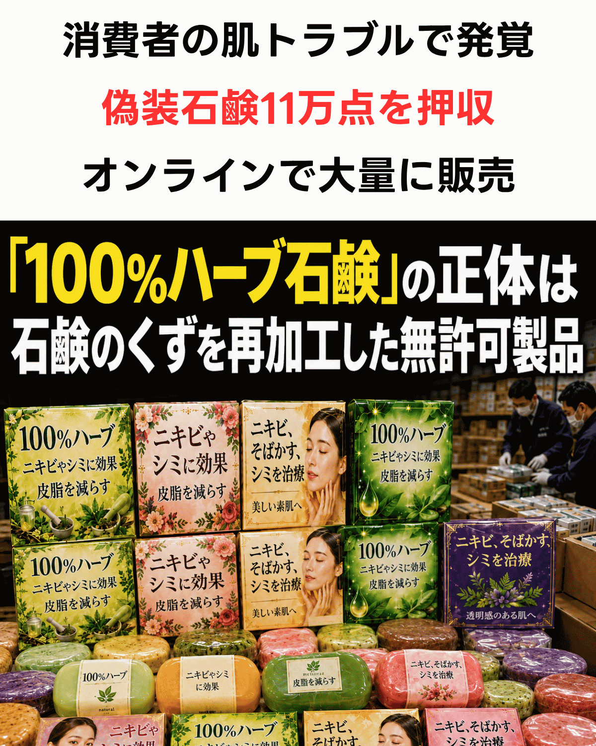 「100％ハーブ石鹸」の正体は石鹸のくずを再加工した無許可製品 11万点を押収