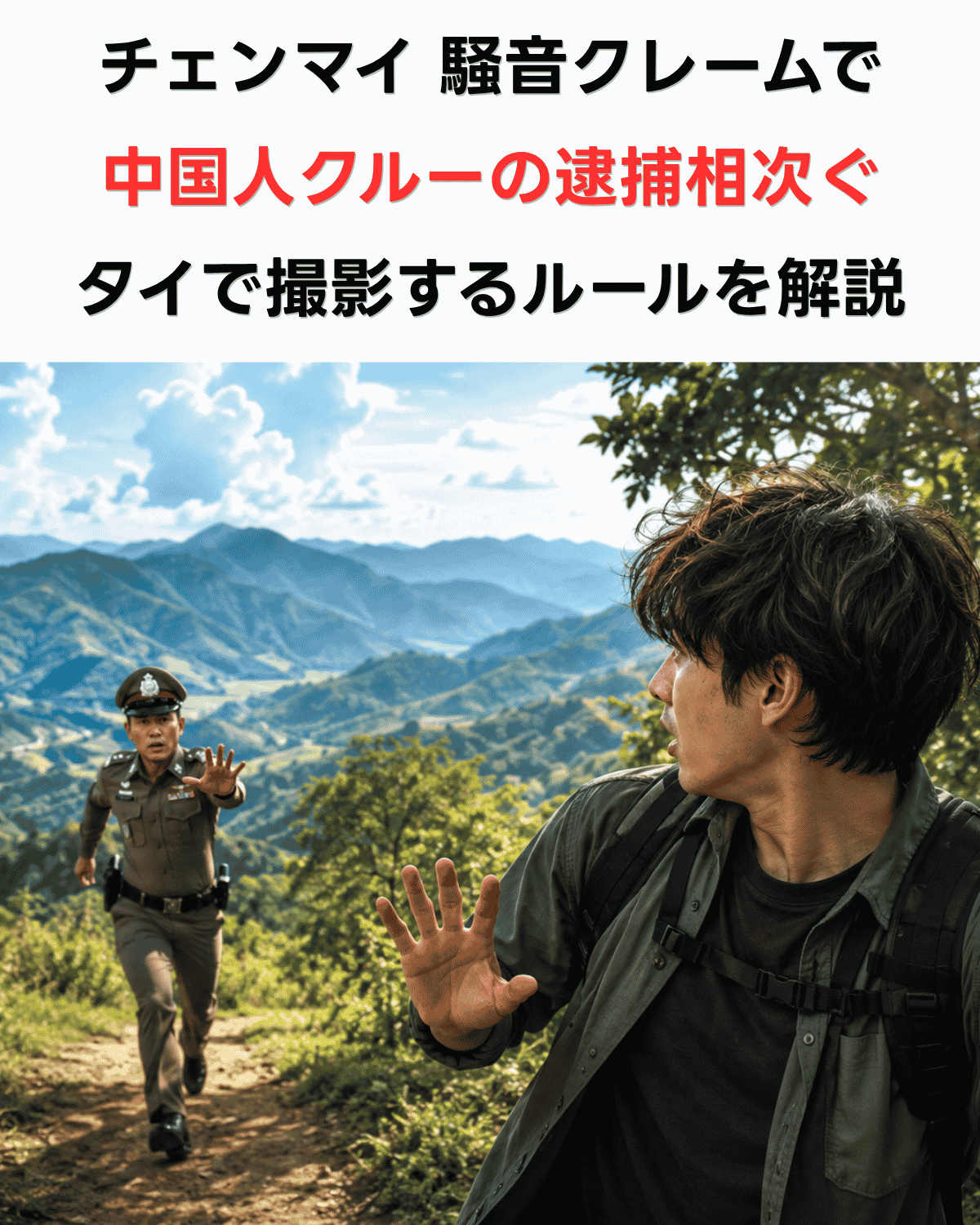 チェンマイの山岳地帯でタイ警察に追われる撮影機材を持った人物のイメージ