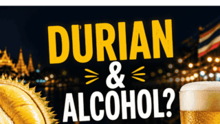 「ドリアンとお酒は本当に危険なのか？AIにきいてみた」という日本語テキストと、「DURIAN & ALCOHOL?」の英語テキスト、カットされたドリアンと泡立つビールグラス、夜のタイの寺院・川沿いの背景を組み合わせたAI生成縦型サムネイル。