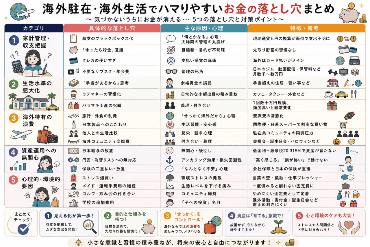 「海外駐在でお金の貯まらない家庭の特徴」をまとめたインフォグラフィック