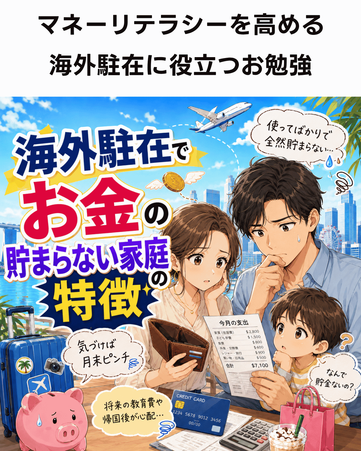 海外駐在中にお金が貯まらない人の特徴をテーマにした、かわいいアニメ調のサムネイル画像です。30代半ばの駐在妻が空の財布を見て不安そうにしている様子を中心に、スーツケース、飛行機、クレジットカード、買い物袋、カフェドリンク、貯金箱などを配置し、海外生活で支出が増えやすい状況や家計管理の悩みを視覚的に表現しています。