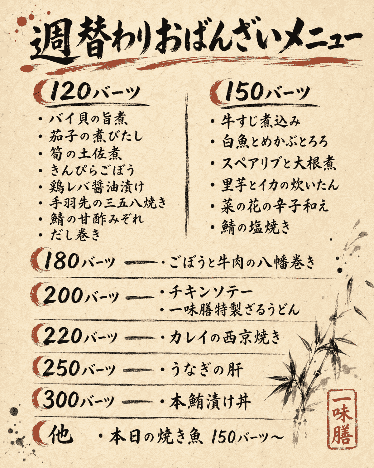 一味膳の週替わりおばんざいメニュー