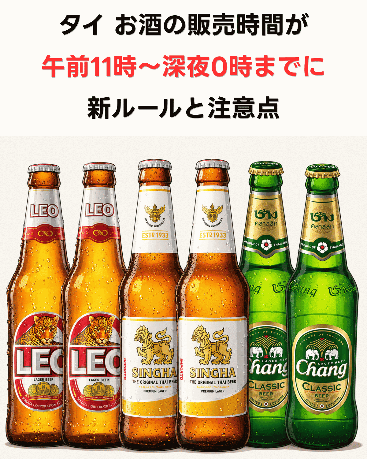 タイのお酒販売時間が午前11時から深夜0時に変更　LEO・シンハー・チャーンビールの画像
