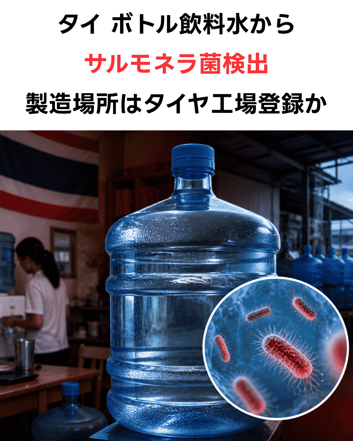 「タイ ボトル飲料水からサルモネラ菌検出 製造場所はタイヤ工場登録か」という日本語テキストと、タイ国旗が見える食堂内の18.9リットル大型ブルーボトルおよびサルモネラ菌の顕微鏡写真インセットを組み合わせた縦型サムネイル。