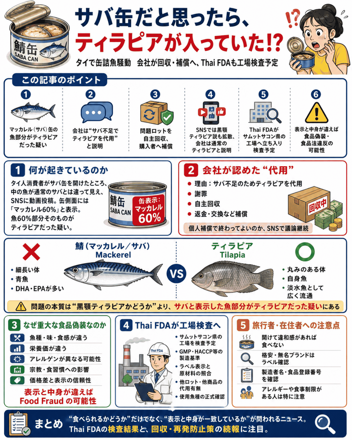 鯖缶の中身がティラピア 重大な食品偽装でThai FDAが工場検査へに対してのAIによるインフォグラフィック