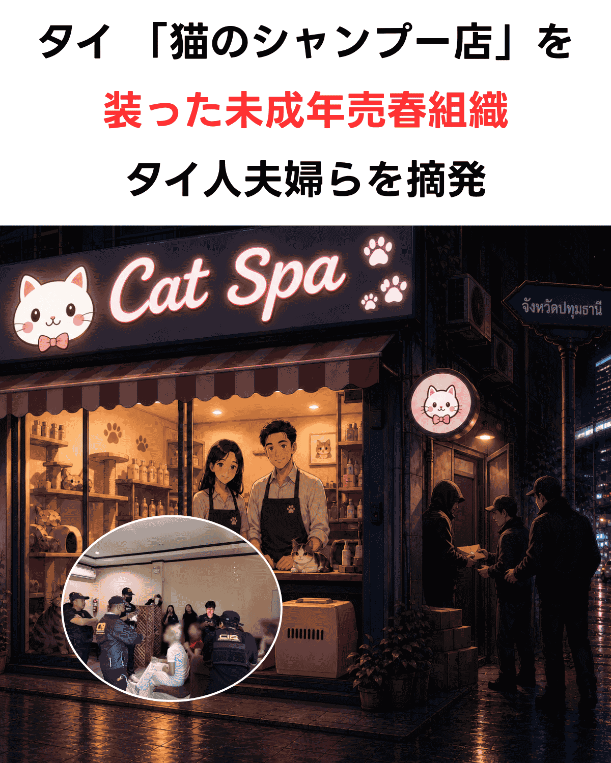 「タイ 『猫のシャンプー店』を装った未成年売春組織 タイ人夫婦らを摘発」という日本語テキストと、Cat Spaのネオン看板のAI生成画像、左下に警察摘発現場の報道写真を組み合わせた縦型サムネイル。出典：MGR Online。